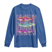 Shark Summer Striped Coastal Ocean Life Glitter Print Long Sleeve Shirt