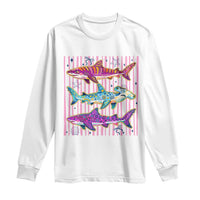 Shark Summer Striped Coastal Ocean Life Glitter Print Long Sleeve Shirt