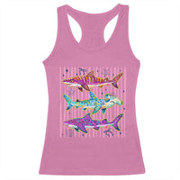 Shark Summer Striped Coastal Ocean Life Glitter Print Racerback Tank Top