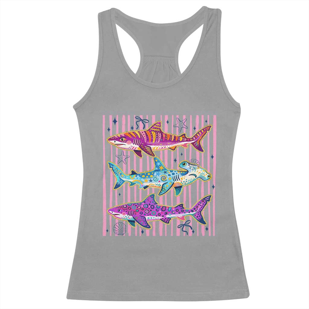 Shark Summer Striped Coastal Ocean Life Glitter Print Racerback Tank Top