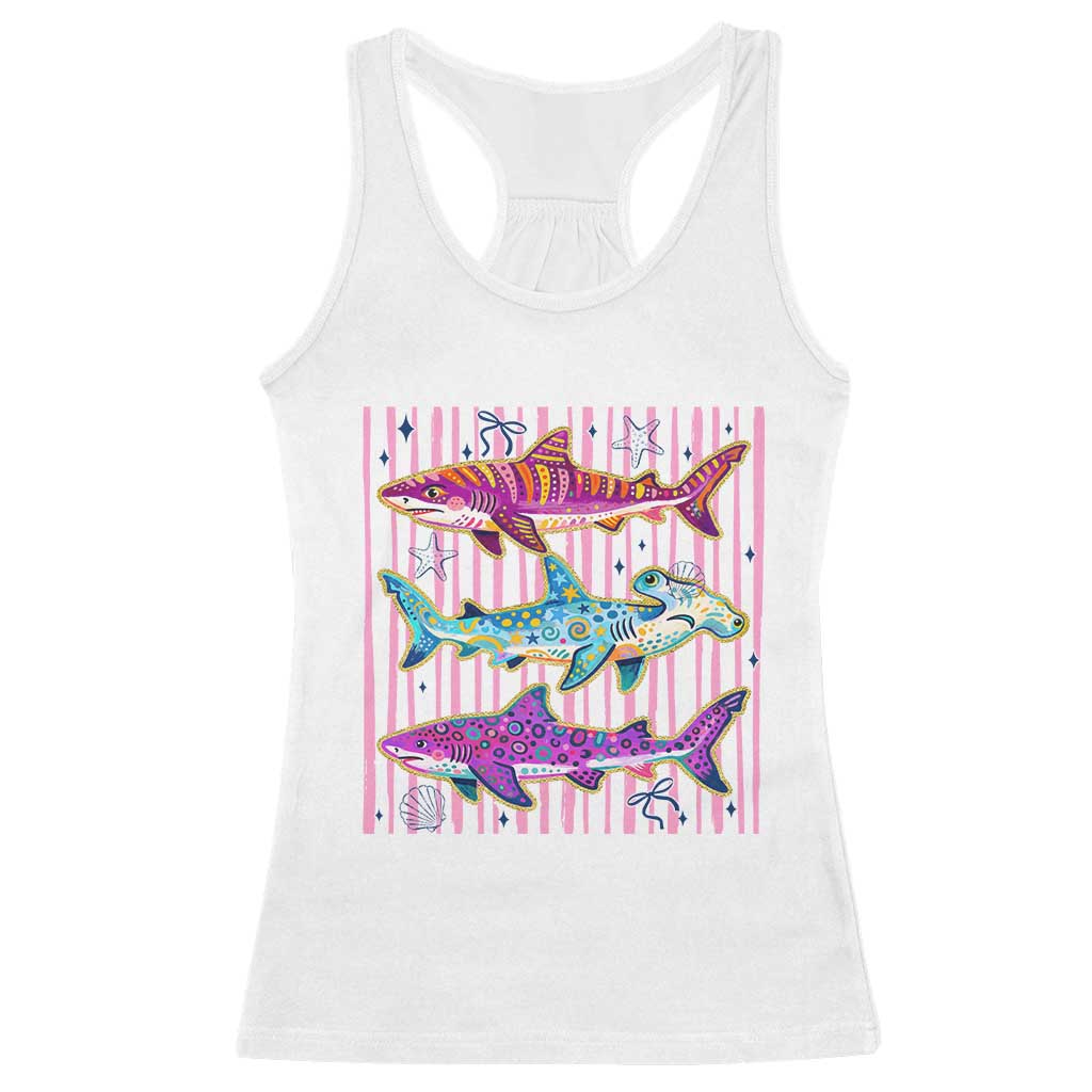Shark Summer Striped Coastal Ocean Life Glitter Print Racerback Tank Top