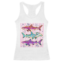 Shark Summer Striped Coastal Ocean Life Glitter Print Racerback Tank Top