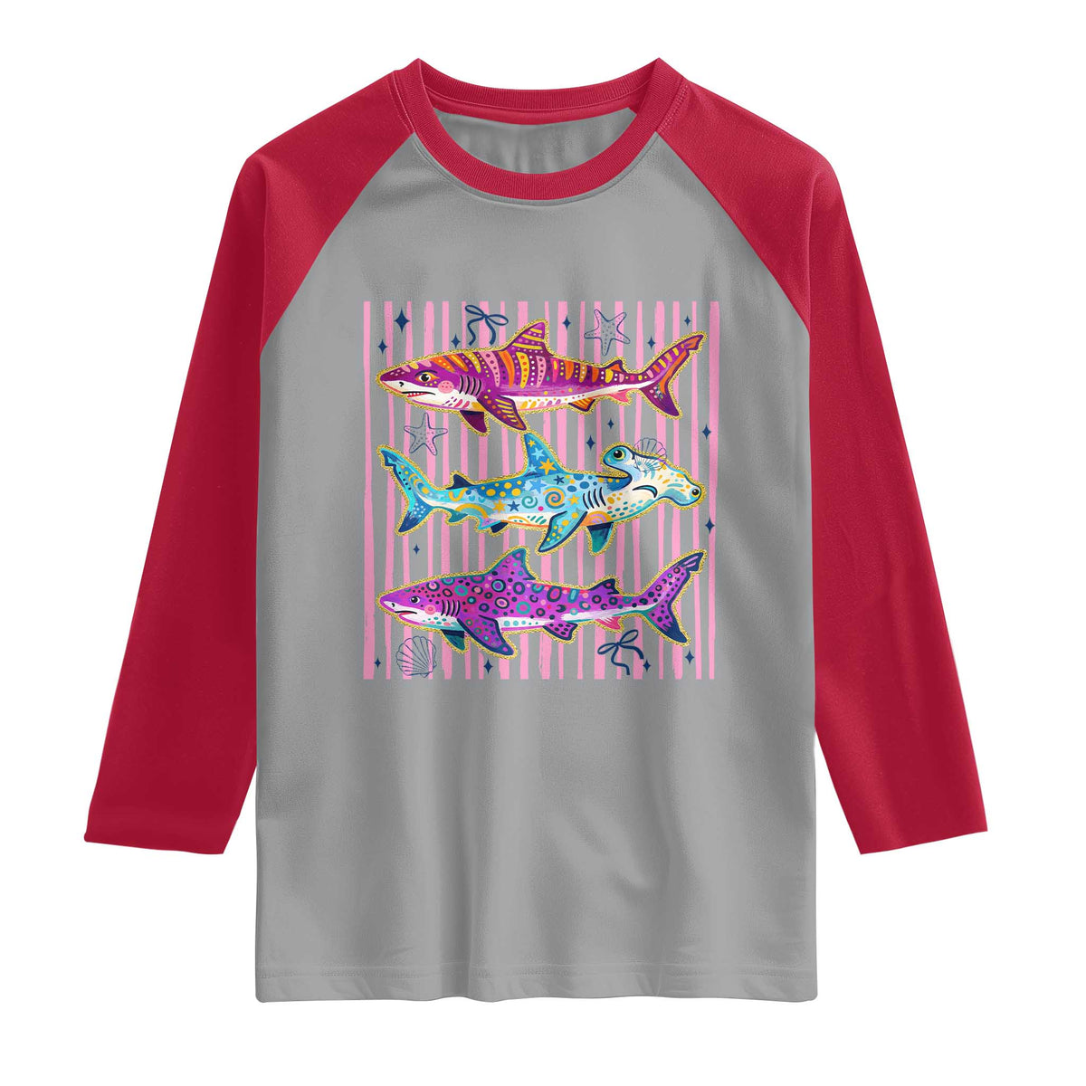 Shark Summer Striped Coastal Ocean Life Glitter Print Raglan Shirt