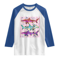 Shark Summer Striped Coastal Ocean Life Glitter Print Raglan Shirt