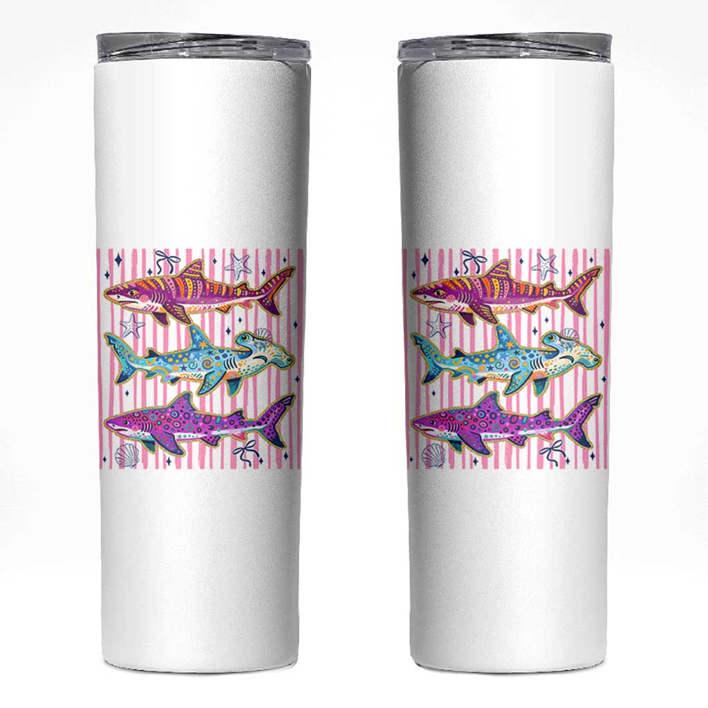 Shark Summer Striped Coastal Ocean Life Glitter Print Skinny Tumbler