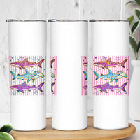 Shark Summer Striped Coastal Ocean Life Glitter Print Skinny Tumbler