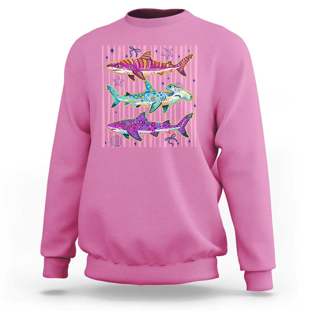 Shark Summer Striped Coastal Ocean Life Glitter Print Sweatshirt
