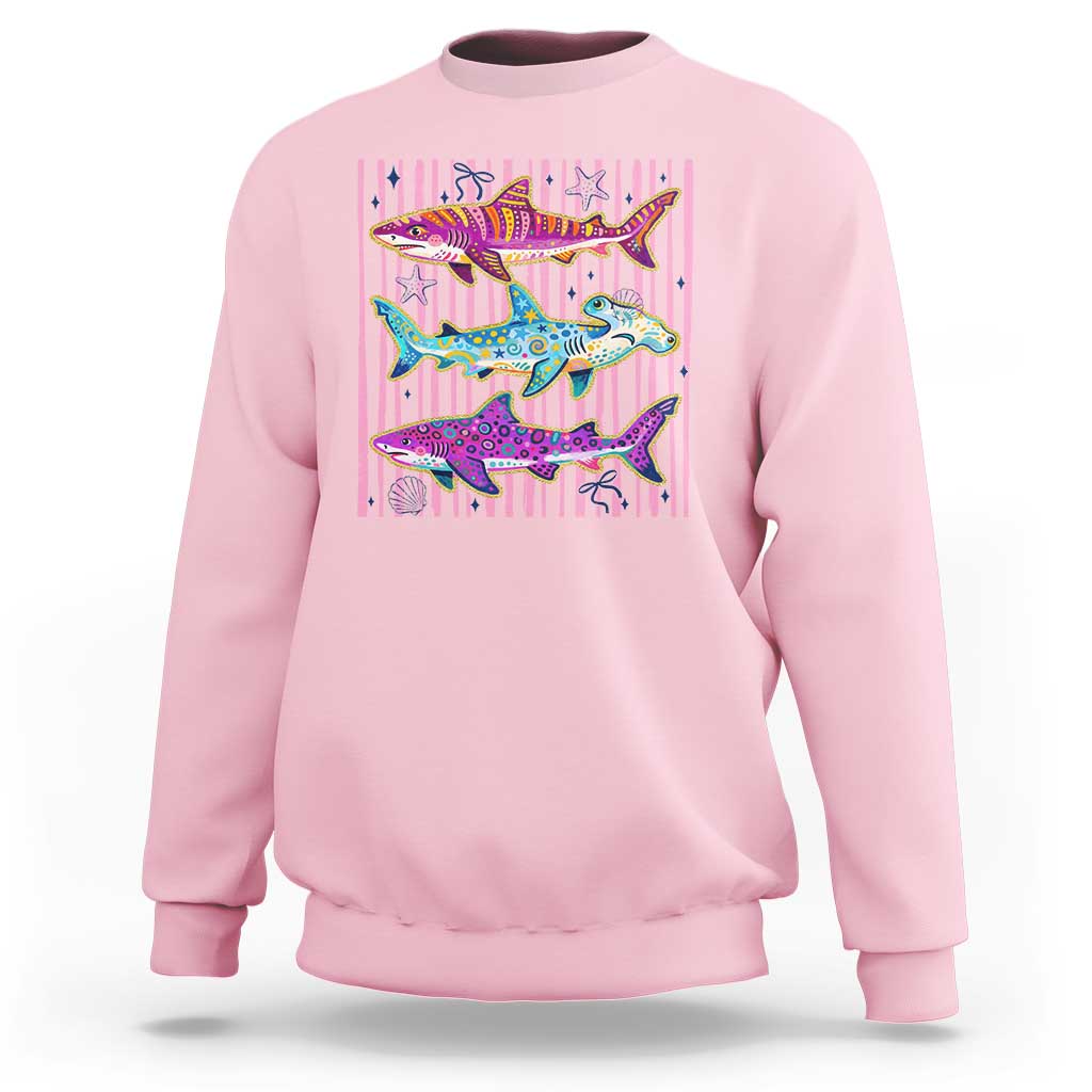 Shark Summer Striped Coastal Ocean Life Glitter Print Sweatshirt