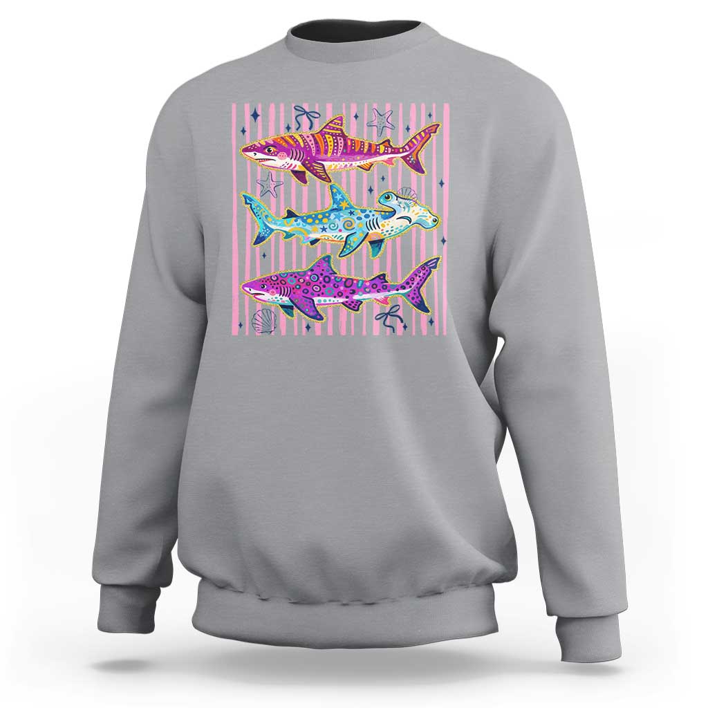 Shark Summer Striped Coastal Ocean Life Glitter Print Sweatshirt