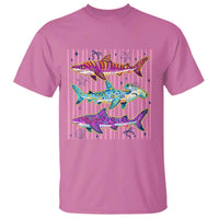 Shark Summer Striped Coastal Ocean Life Glitter Print T Shirt