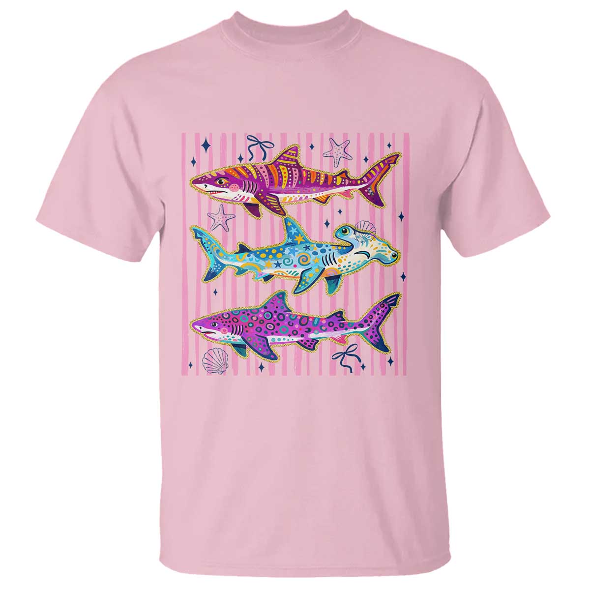 Shark Summer Striped Coastal Ocean Life Glitter Print T Shirt