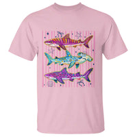Shark Summer Striped Coastal Ocean Life Glitter Print T Shirt