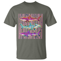 Shark Summer Striped Coastal Ocean Life Glitter Print T Shirt