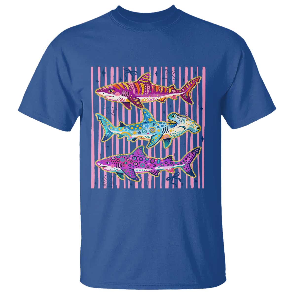 Shark Summer Striped Coastal Ocean Life Glitter Print T Shirt