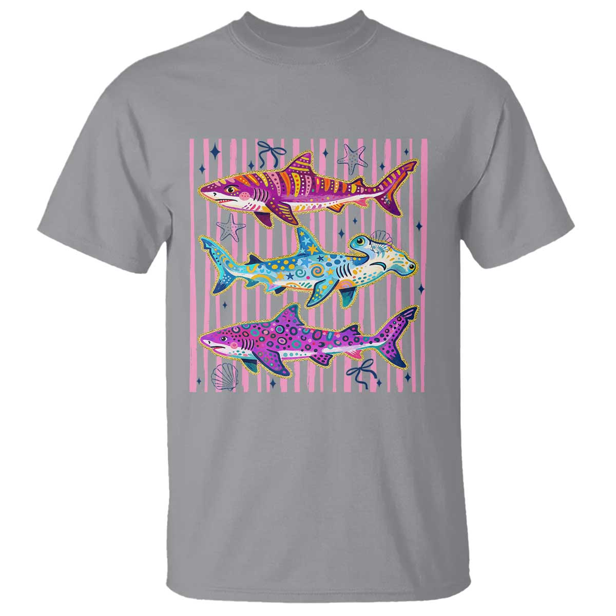 Shark Summer Striped Coastal Ocean Life Glitter Print T Shirt