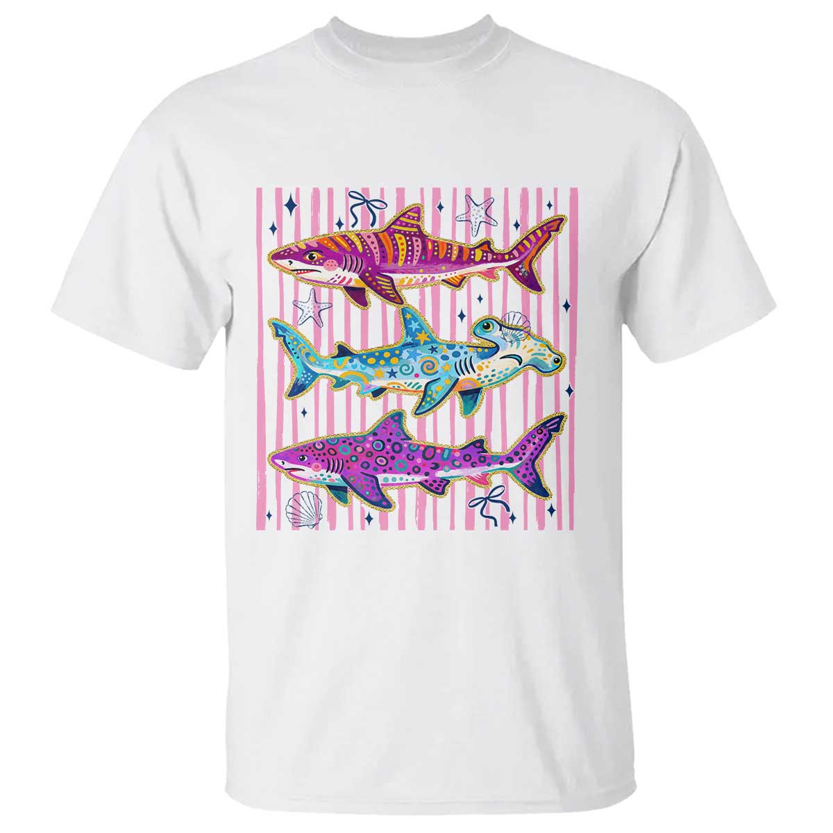 Shark Summer Striped Coastal Ocean Life Glitter Print T Shirt