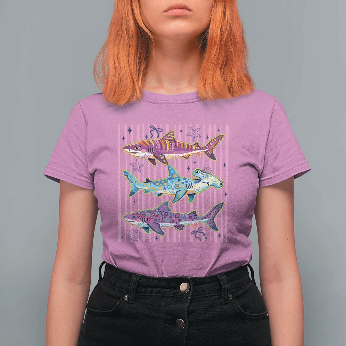Shark Summer Striped Coastal Ocean Life Glitter Print T Shirt For Women