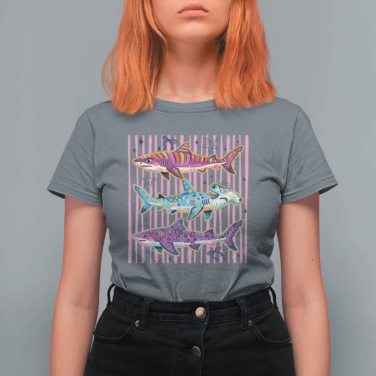Shark Summer Striped Coastal Ocean Life Glitter Print T Shirt For Women