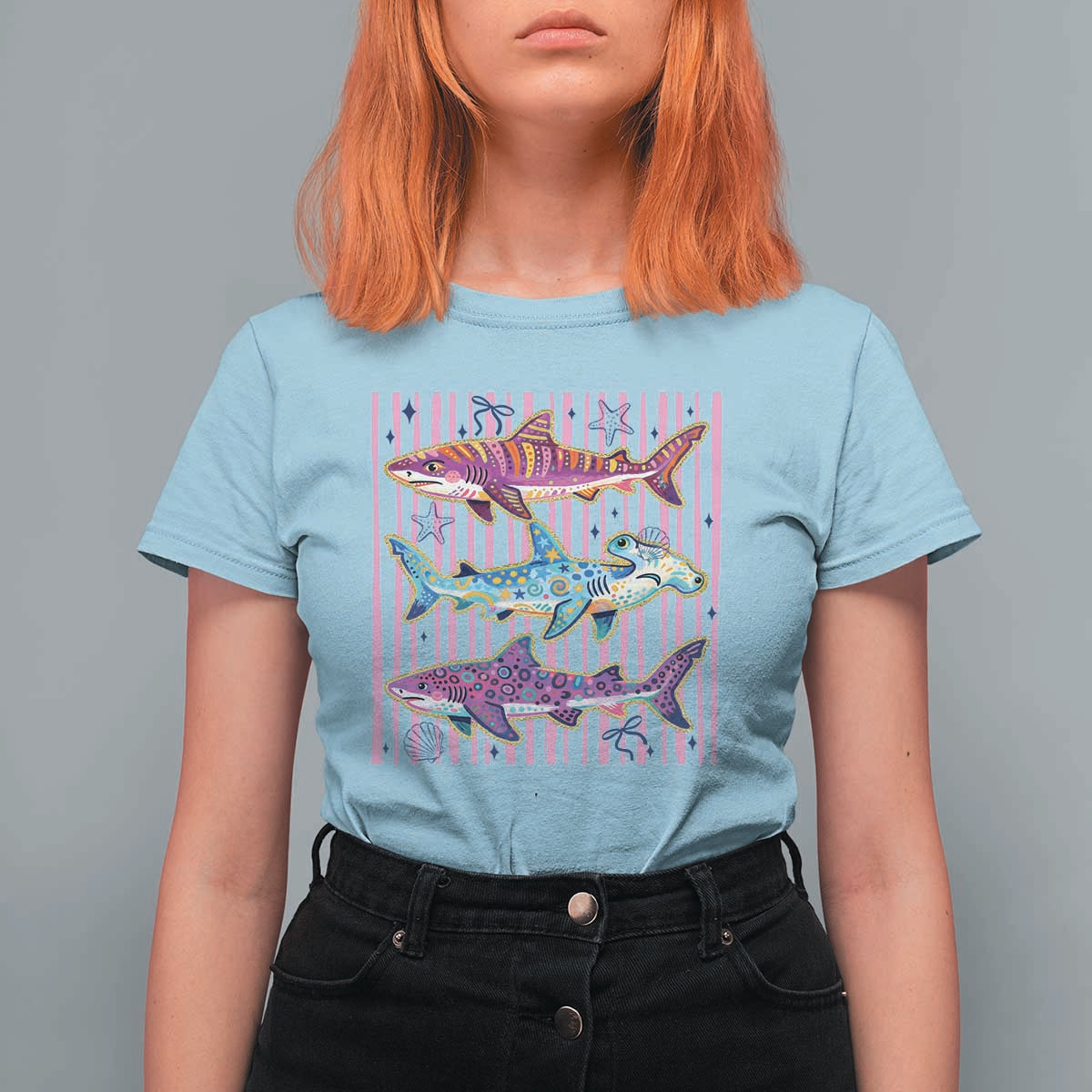 Shark Summer Striped Coastal Ocean Life Glitter Print T Shirt For Women