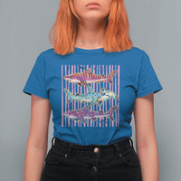 Shark Summer Striped Coastal Ocean Life Glitter Print T Shirt For Women