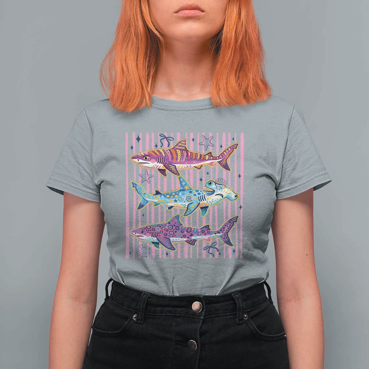 Shark Summer Striped Coastal Ocean Life Glitter Print T Shirt For Women