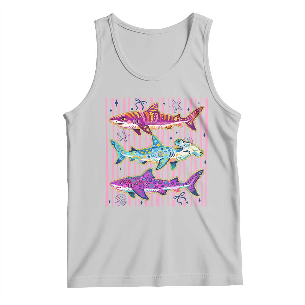 Shark Summer Striped Coastal Ocean Life Glitter Print Tank Top