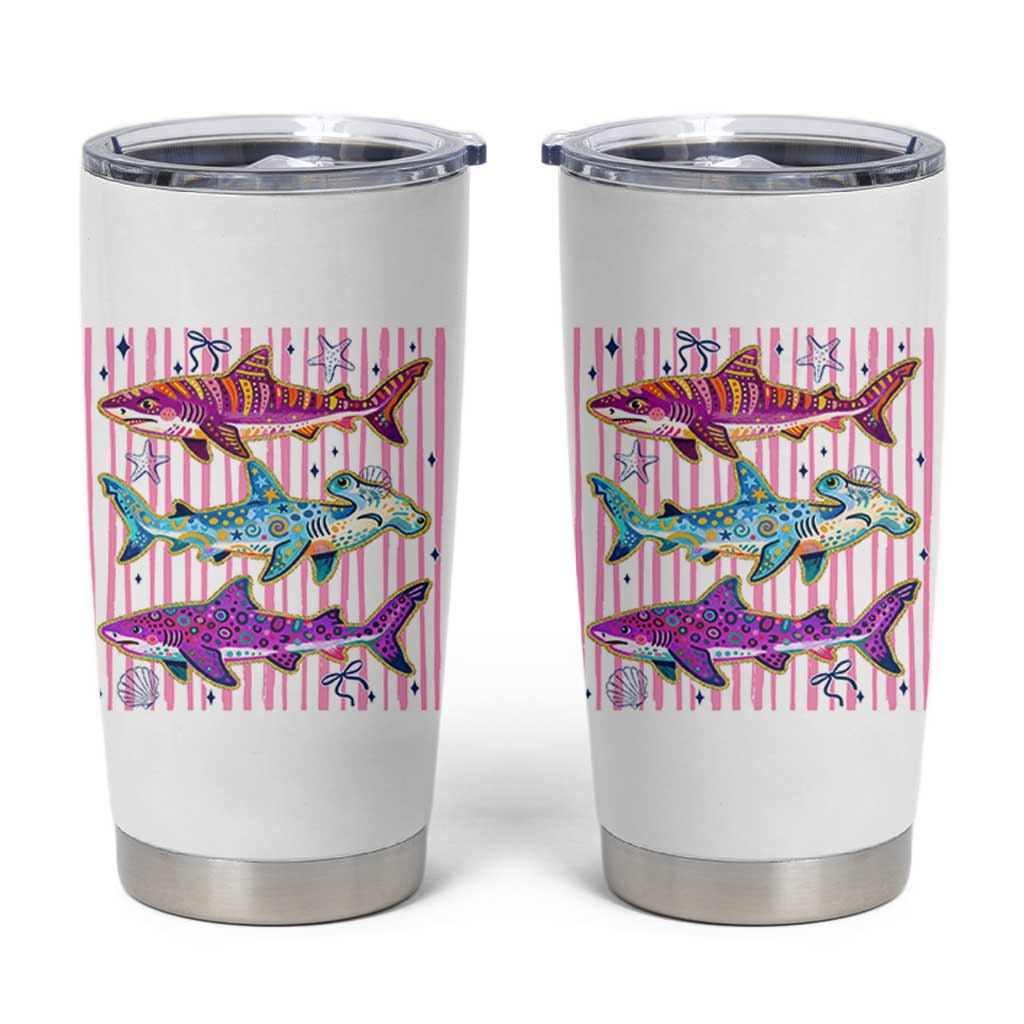 Shark Summer Striped Coastal Ocean Life Glitter Print Tumbler Cup