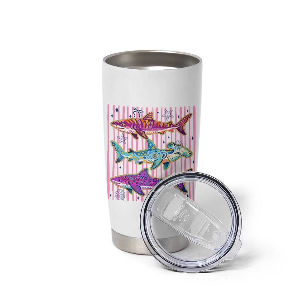 Shark Summer Striped Coastal Ocean Life Glitter Print Tumbler Cup