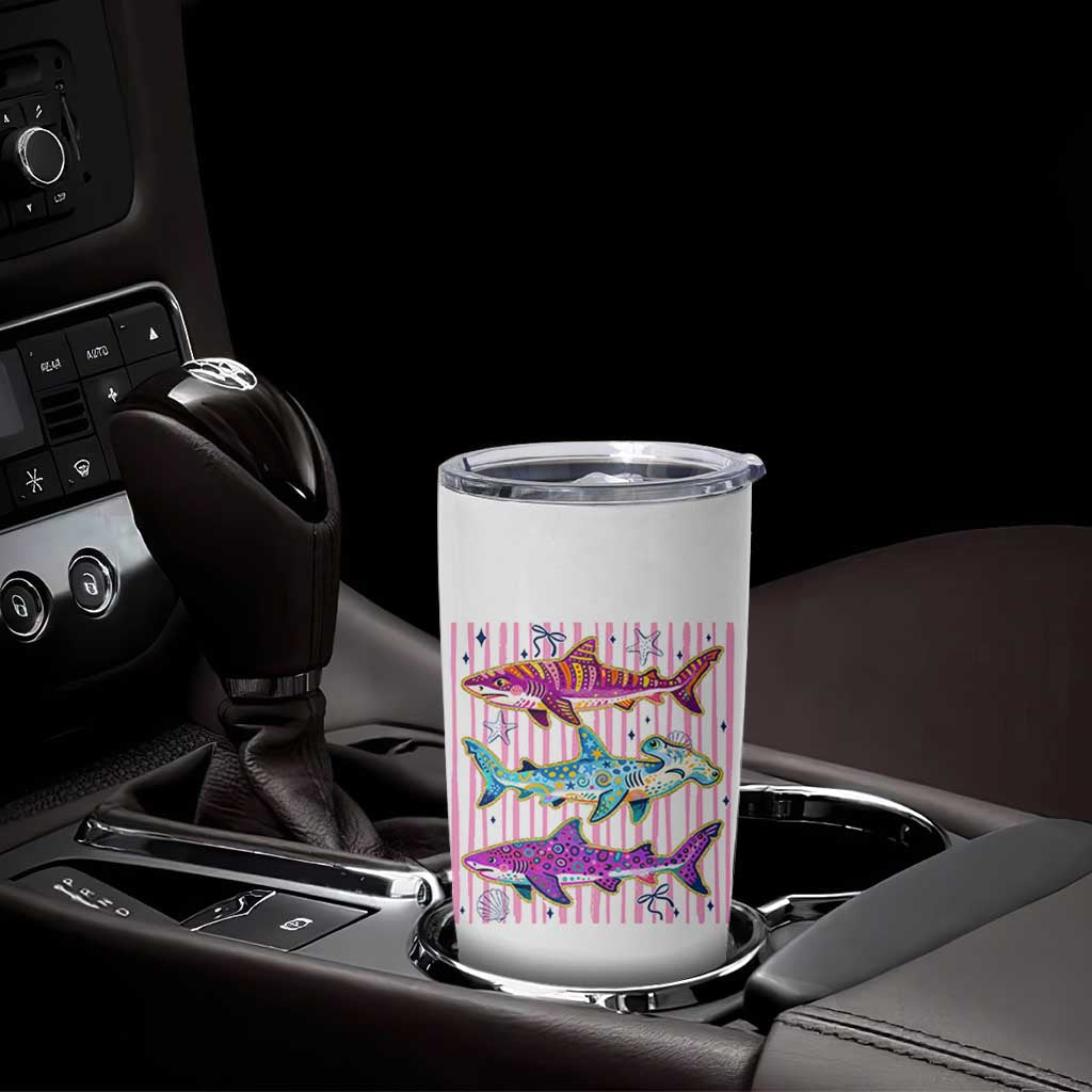 Shark Summer Striped Coastal Ocean Life Glitter Print Tumbler Cup