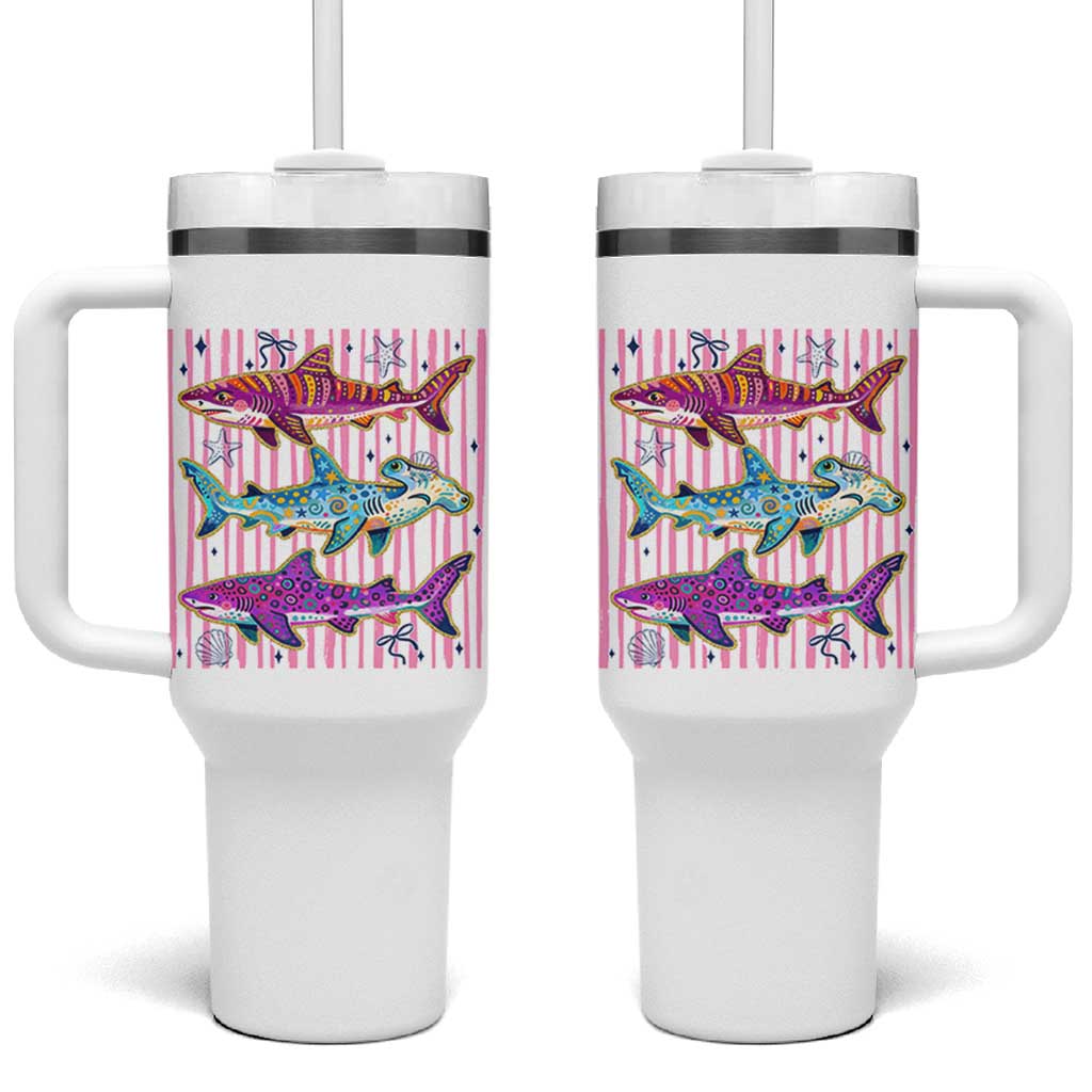 Shark Summer Striped Coastal Ocean Life Glitter Print Tumbler With Handle
