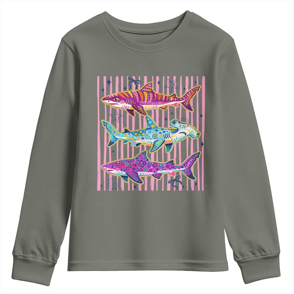 Shark Summer Striped Coastal Ocean Life Glitter Print Youth Sweatshirt