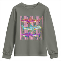 Shark Summer Striped Coastal Ocean Life Glitter Print Youth Sweatshirt