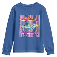 Shark Summer Striped Coastal Ocean Life Glitter Print Youth Sweatshirt