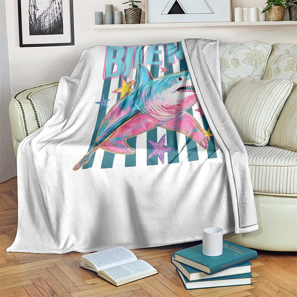 Funny Bite Me Shark Lover Throw Blanket Summer Beach Nautical Stripes Glitter Print