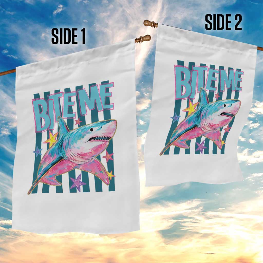 Funny Bite Me Shark Lover Garden Flag Summer Beach Nautical Stripes Glitter Print
