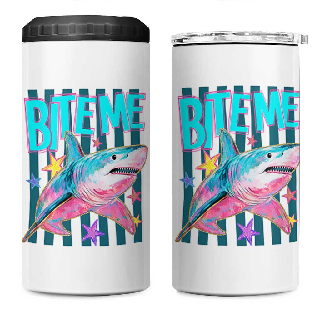 Funny Bite Me Shark Lover 4 in 1 Can Cooler Tumbler Summer Beach Nautical Stripes Glitter Print