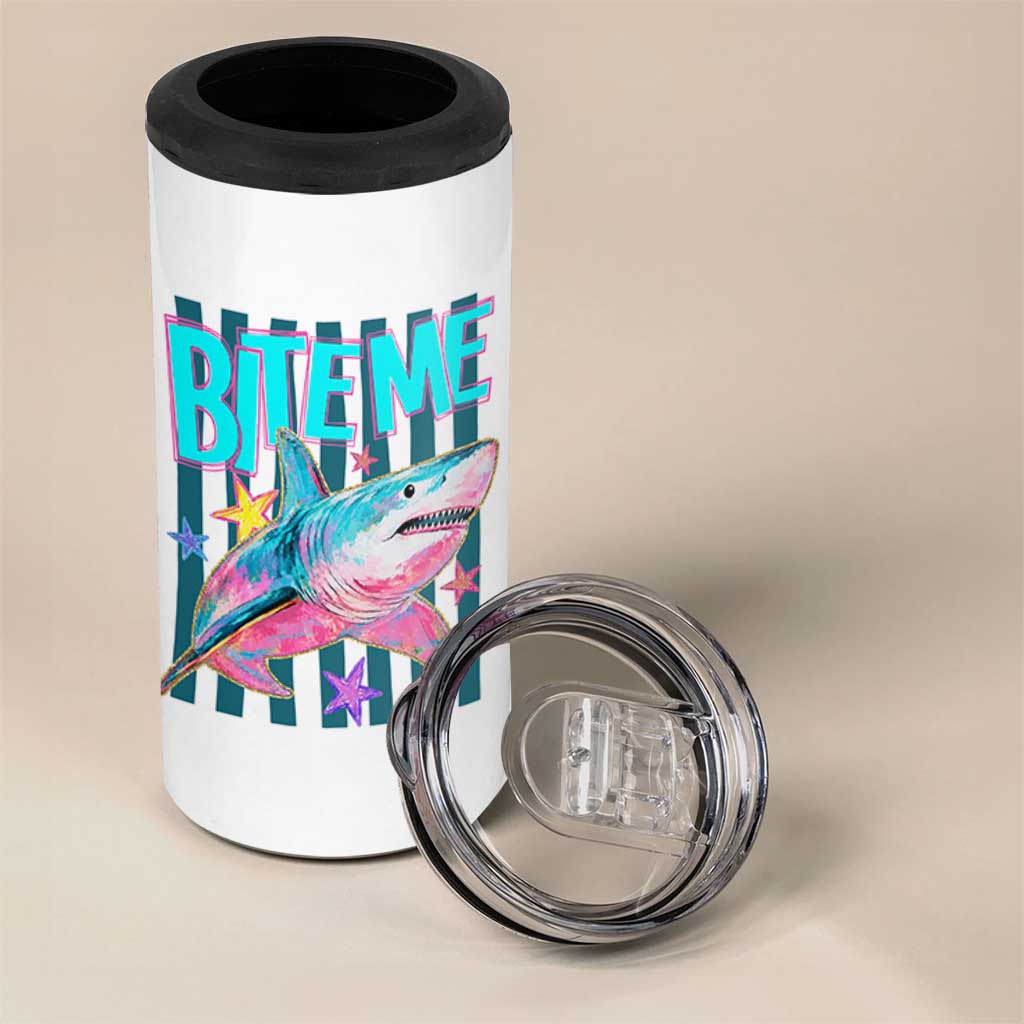 Funny Bite Me Shark Lover 4 in 1 Can Cooler Tumbler Summer Beach Nautical Stripes Glitter Print