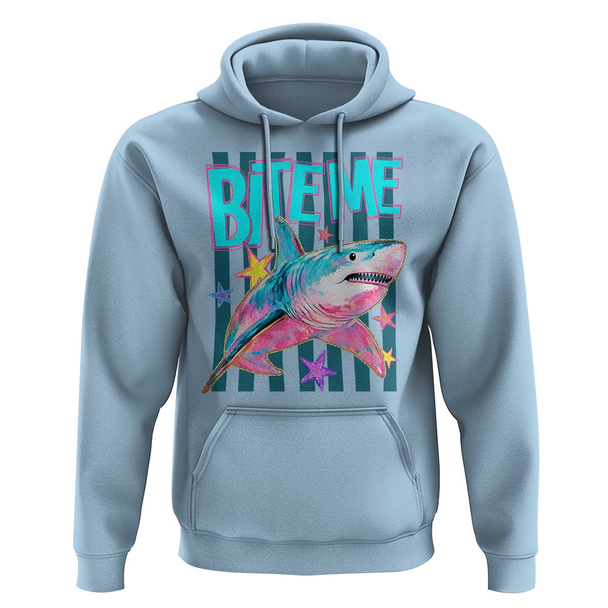 Funny Bite Me Shark Lover Hoodie Summer Beach Nautical Stripes Glitter Print