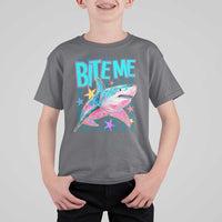 Funny Bite Me Shark Lover T Shirt For Kid Summer Beach Nautical Stripes Glitter Print