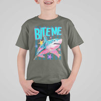 Funny Bite Me Shark Lover T Shirt For Kid Summer Beach Nautical Stripes Glitter Print