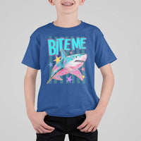 Funny Bite Me Shark Lover T Shirt For Kid Summer Beach Nautical Stripes Glitter Print