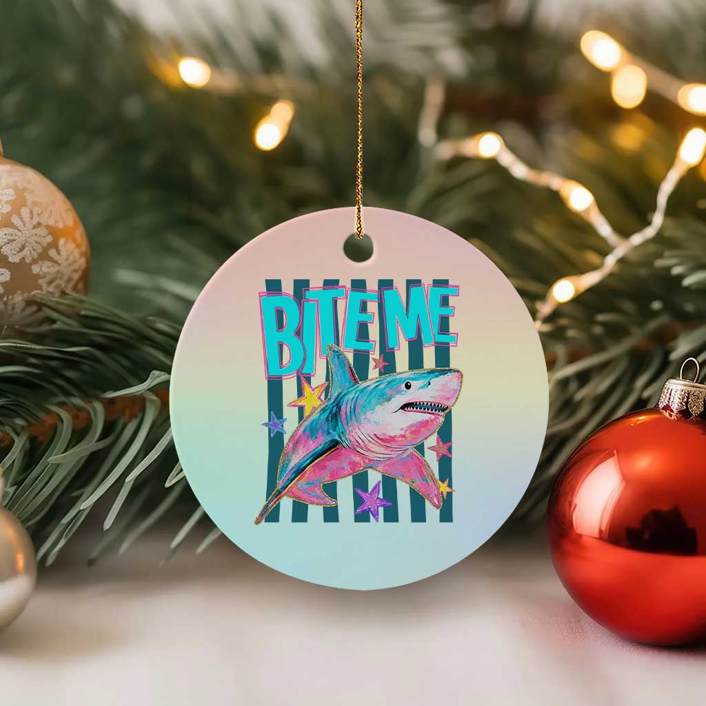 Funny Bite Me Shark Lover Ceramic Ornament Summer Beach Nautical Stripes Glitter Print