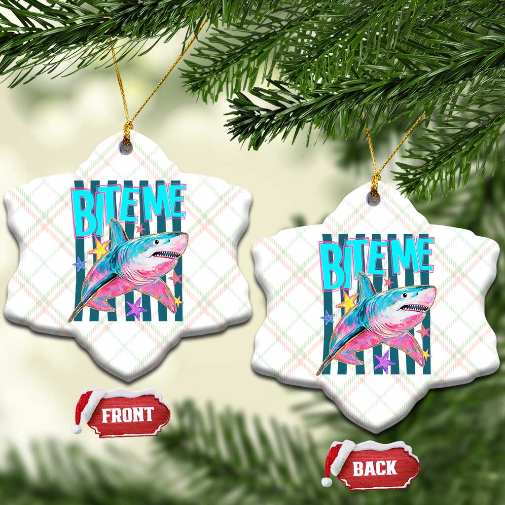 Funny Bite Me Shark Lover Ceramic Ornament Summer Beach Nautical Stripes Glitter Print