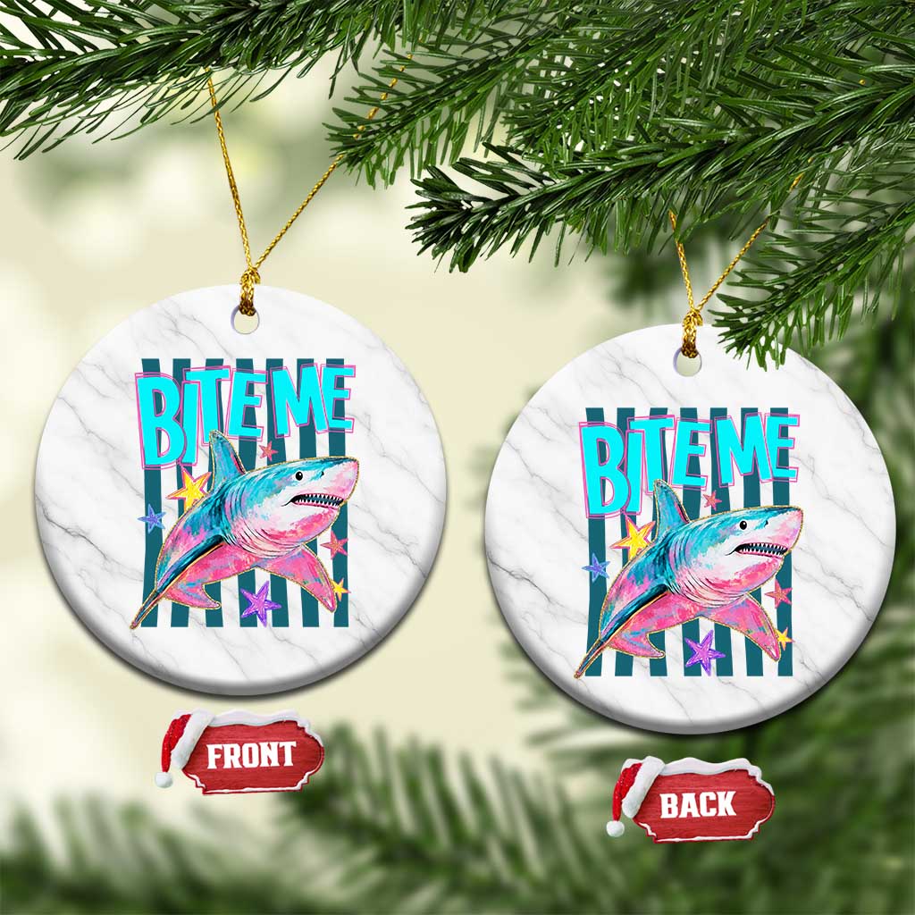 Funny Bite Me Shark Lover Ceramic Ornament Summer Beach Nautical Stripes Glitter Print