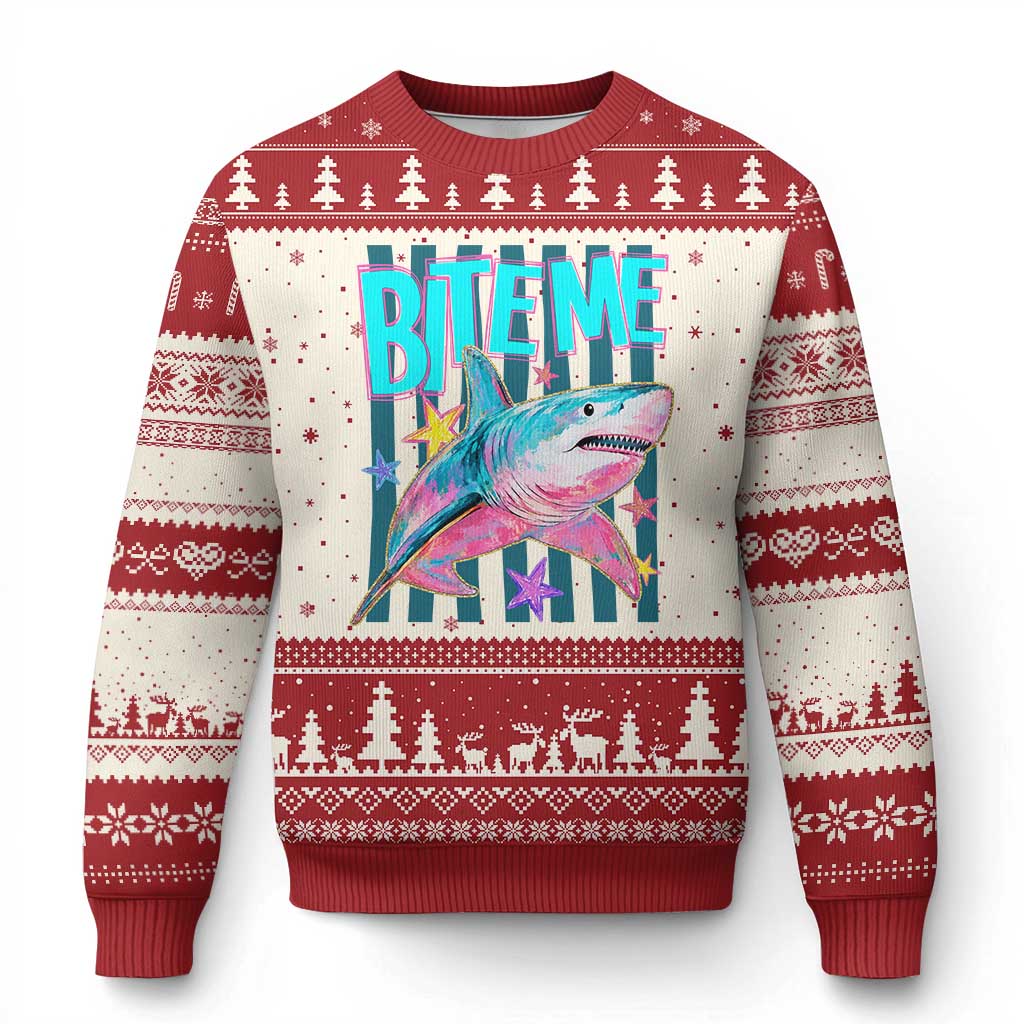 Funny Bite Me Shark Lover Ugly Christmas Sweater Summer Beach Nautical Stripes Glitter Print