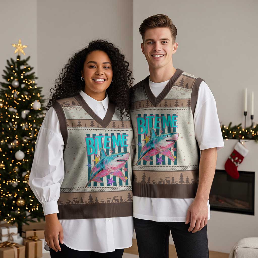 Funny Bite Me Shark Lover V-Neck Knit Sweater Vest Summer Beach Nautical Stripes Glitter Print