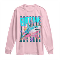 Funny Bite Me Shark Lover Long Sleeve Shirt Summer Beach Nautical Stripes Glitter Print