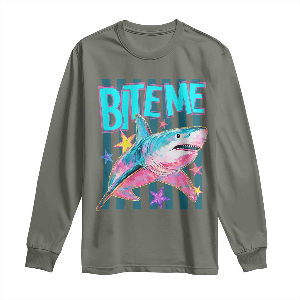 Funny Bite Me Shark Lover Long Sleeve Shirt Summer Beach Nautical Stripes Glitter Print