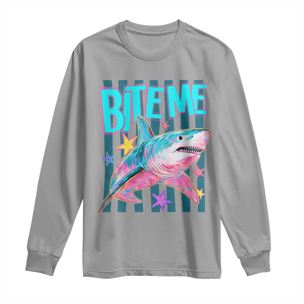 Funny Bite Me Shark Lover Long Sleeve Shirt Summer Beach Nautical Stripes Glitter Print