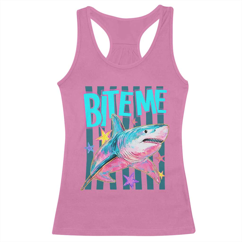 Funny Bite Me Shark Lover Racerback Tank Top Summer Beach Nautical Stripes Glitter Print
